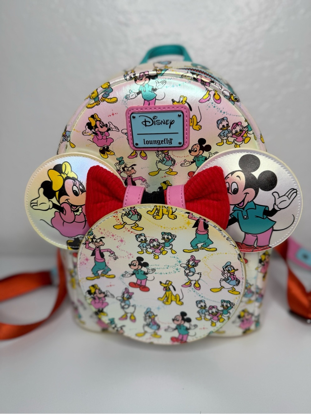 Disney Loungefly Pink Minnie Mouse Ear Backpack with Red Bow